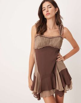 ASOS DESIGN ASOS DESIGN cap sleeve contrast ribbon ruffle hem mini dress in brown-Multi
