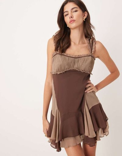 ASOS DESIGN ASOS DESIGN cap sleeve contrast ribbon ruffle hem mini dress in brown-Multi