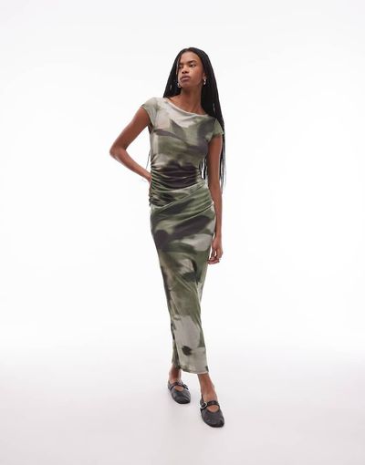 ASOS DESIGN ASOS DESIGN cap sleeve midi dress in green abstract floral print