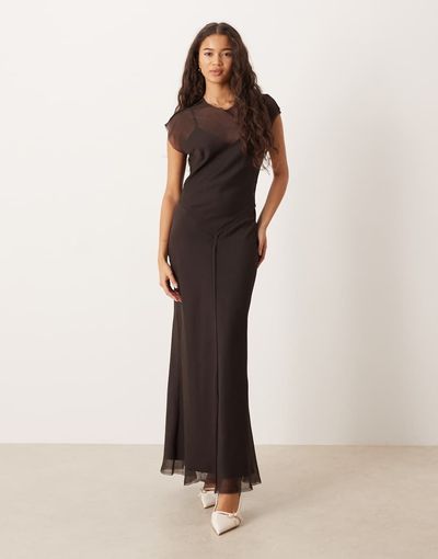 ASOS DESIGN ASOS DESIGN cap sleeve midi dress with dropped waist in chocolate-Multi