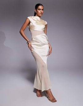 ASOS DESIGN ASOS DESIGN cap sleeve satin midi dress with sheer chiffon panels in buttermilk-Yellow
