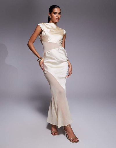 ASOS DESIGN ASOS DESIGN cap sleeve satin midi dress with sheer chiffon panels in buttermilk-Yellow