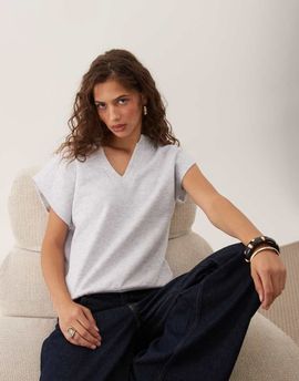 ASOS DESIGN ASOS DESIGN cap sleeve top with v neck in gray heather-White