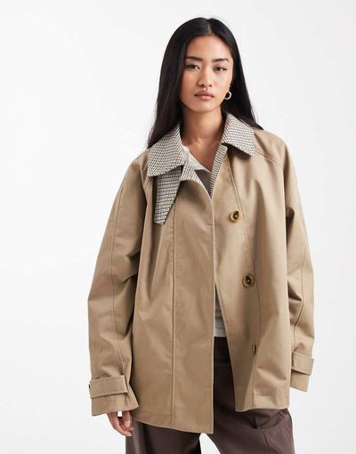 ASOS DESIGN ASOS DESIGN cape detail trench with checked liner in rye-Neutral