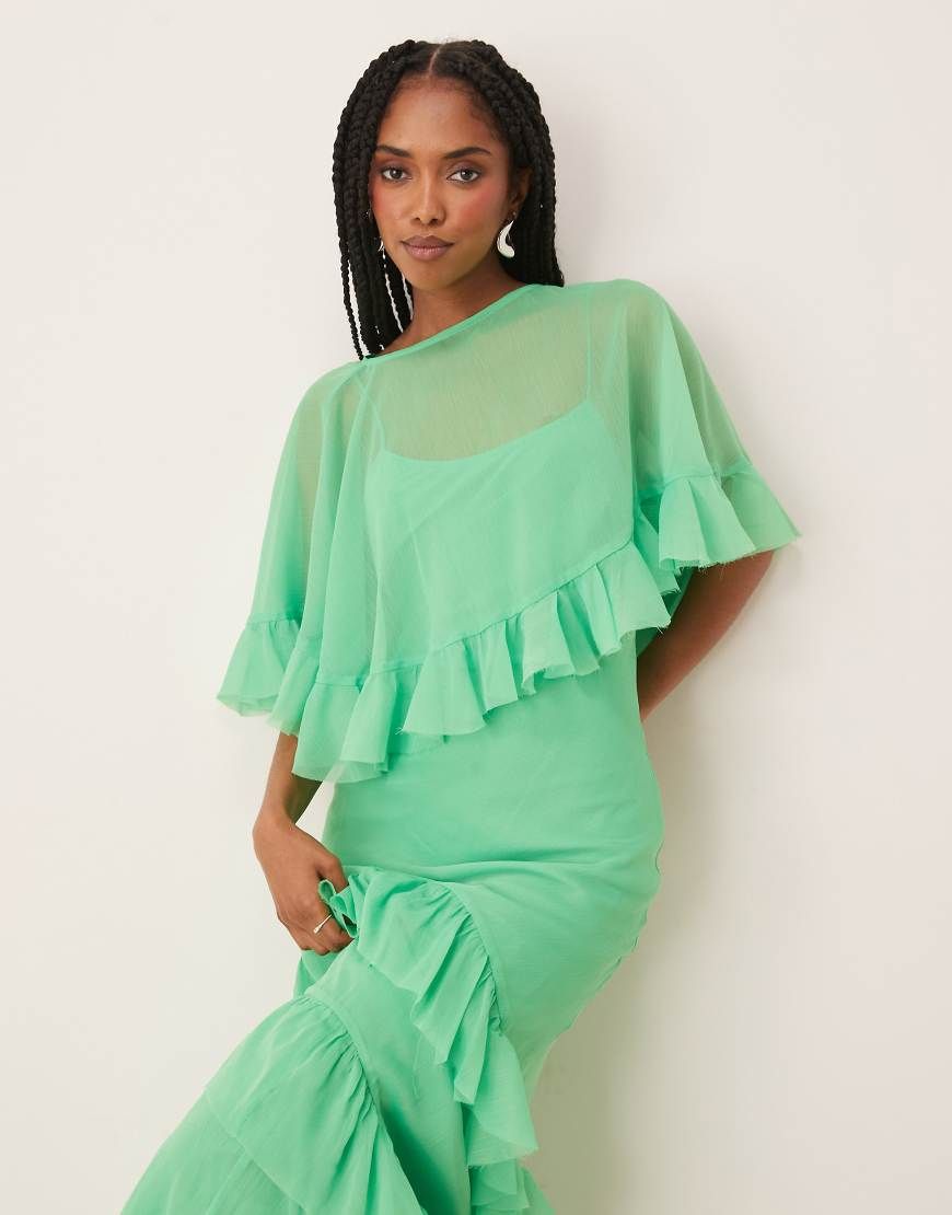 asos design cape detail pleated maxi dress in green Satin convertible dress