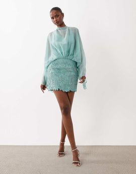 ASOS DESIGN ASOS DESIGN Caped open back mini dress with embellished skirt in turquoise-Blue