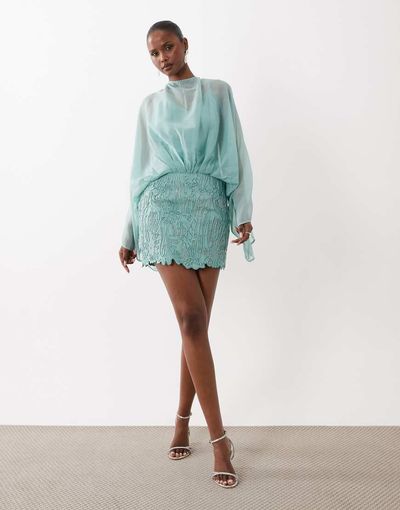 ASOS DESIGN ASOS DESIGN Caped open back mini dress with embellished skirt in turquoise-Blue