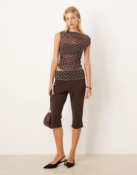 ASOS DESIGN ASOS DESIGN capri pants with mesh detail in brown polka dots - part of a set-Multi