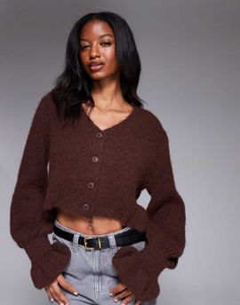 ASOS DESIGN ASOS DESIGN cardigan with frill cuff in chocolate-Yellow