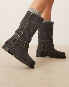 ASOS DESIGN ASOS DESIGN Casey leather hardware biker knee boots in aged black suede