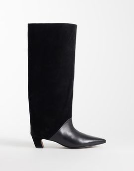 ASOS DESIGN ASOS DESIGN Castiel kitten heel pull on knee boots in black leather suede mix