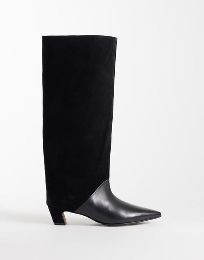 ASOS DESIGN ASOS DESIGN Castiel kitten heel pull on knee boots in black leather suede mix