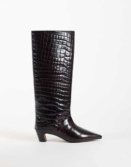 ASOS DESIGN ASOS DESIGN Castiel leather kitten heel pull on knee boots in chocolate croc-Brown