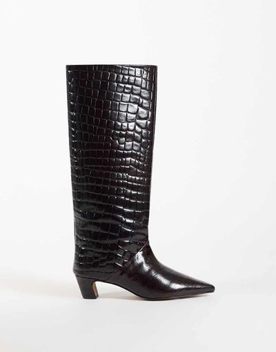 ASOS DESIGN ASOS DESIGN Castiel leather kitten heel pull on knee boots in chocolate croc-Brown