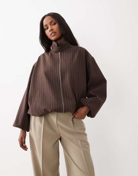 ASOS DESIGN ASOS DESIGN casual harrington jacket with funnel neck in brown pinstripes