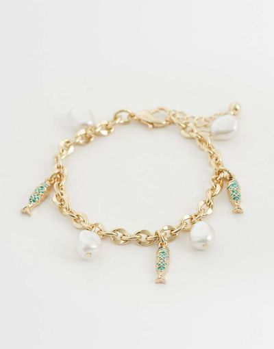 ASOS DESIGN ASOS DESIGN charm bracelet with fish and faux pearls in gold tone-Multi