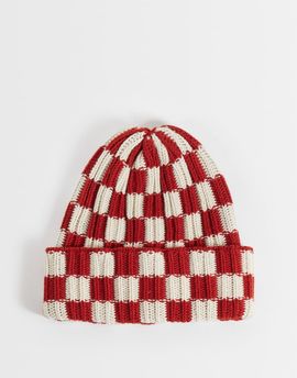 ASOS DESIGN ASOS DESIGN checkerboard crochet beanie in red-Orange