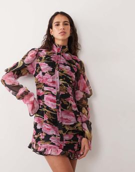 ASOS DESIGN ASOS DESIGN chiffon corset mini dress with flared puff sleeves in dark based floral print-MULTI