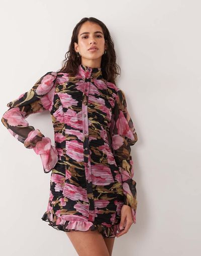 ASOS DESIGN ASOS DESIGN chiffon corset mini dress with flared puff sleeves in dark based floral print-MULTI