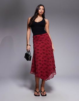 ASOS DESIGN ASOS DESIGN chiffon high low hem midi skirt in lipstick print - part of a set-Red
