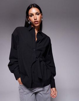 ASOS DESIGN ASOS DESIGN cinch overwrap bow detail oversized shirt in black