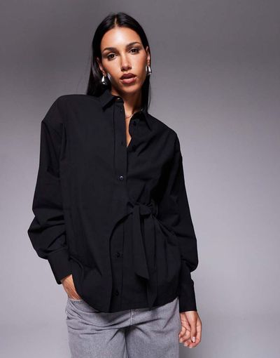 ASOS DESIGN ASOS DESIGN cinch overwrap bow detail oversized shirt in black