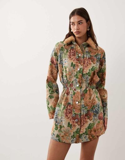 ASOS DESIGN ASOS DESIGN cinched mini shirt dress with detachable faux-fur collar in floral tapestry-Multi