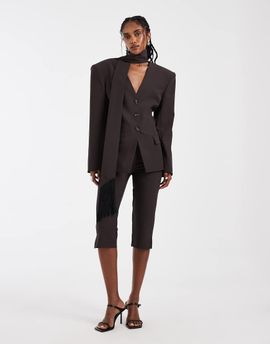 ASOS DESIGN ASOS DESIGN cinched scarf detail fringed blazer set in chocolate-Brown