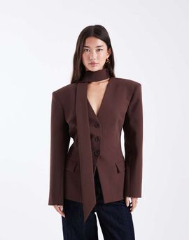 ASOS DESIGN ASOS DESIGN cinched shoulder pads blazer with scarf in chocolate brown
