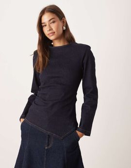 ASOS DESIGN ASOS DESIGN cinched waist denim long sleeve top with shoulder pads in rinse wash-Navy