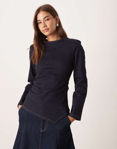 ASOS DESIGN ASOS DESIGN cinched waist denim long sleeve top with shoulder pads in rinse wash-Navy