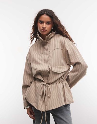 ASOS DESIGN ASOS DESIGN cinched waist funnel neck jacket in beige stripe-No color