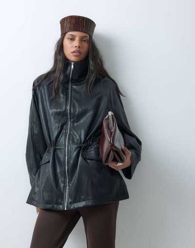 ASOS DESIGN ASOS DESIGN cinched waist leather look harrington jacket in black