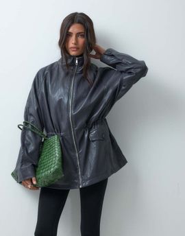 ASOS DESIGN ASOS DESIGN cinched waist leather look harrington jacket in dark blue-Navy
