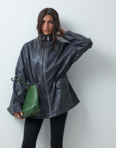 ASOS DESIGN ASOS DESIGN cinched waist leather look harrington jacket in dark blue-Navy