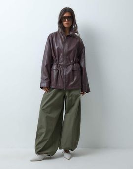 ASOS DESIGN ASOS DESIGN cinched waist leather look harrington jacket in mocha-Brown