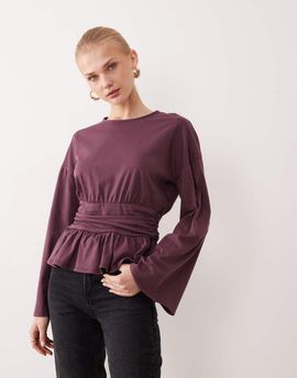 ASOS DESIGN ASOS DESIGN cinched waist peplum hem long sleeve T-shirt in plum-Purple
