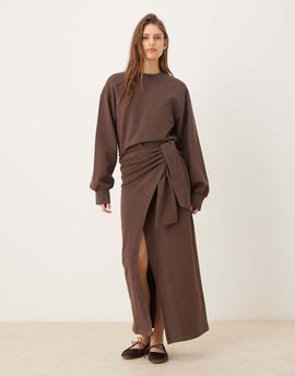 ASOS DESIGN ASOS DESIGN Circular Design Collection wrap midi sweatshirt dress in chocolate-Brown