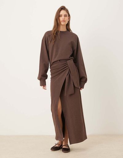 ASOS DESIGN ASOS DESIGN Circular Design Collection wrap midi sweatshirt dress in chocolate-Brown