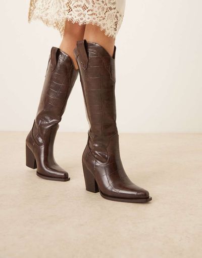 ASOS DESIGN ASOS DESIGN Claudette western knee boots in brown croc