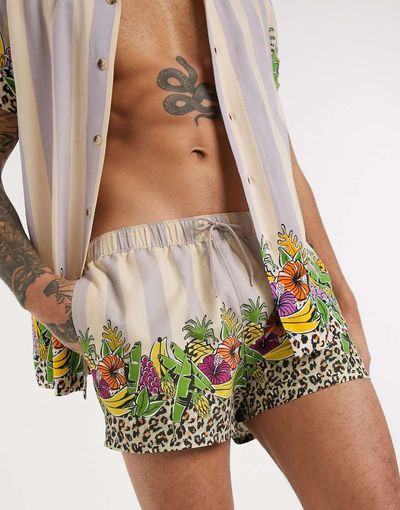 ASOS DESIGN ASOS DESIGN co-ord swim shorts in pastel stripe with fruit border short length-Multi
