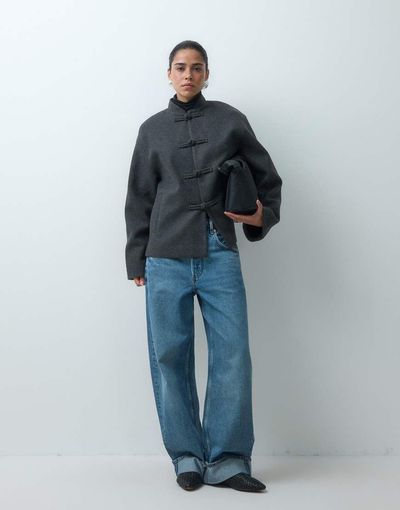 ASOS DESIGN ASOS DESIGN collarless formal jacket with frog closure trim in charcoal-Gray