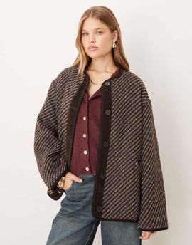 ASOS DESIGN ASOS DESIGN collarless herringbone jacket in blue and burgundy-Red