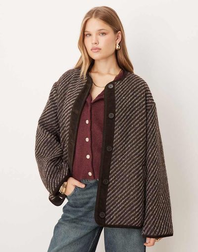 ASOS DESIGN ASOS DESIGN collarless herringbone jacket in blue and burgundy-Red