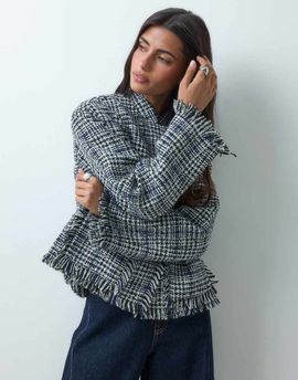 ASOS DESIGN ASOS DESIGN collarless wool blend boucle jacket in black and white plaid