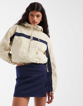 ASOS DESIGN ASOS DESIGN color block track jacket with hood in stone and navy-WHITE