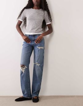 ASOS DESIGN ASOS DESIGN comfort stretch straight leg jeans with rips in mid wash blue