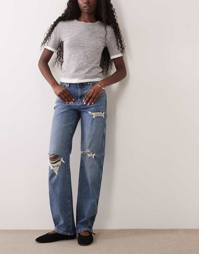 ASOS DESIGN ASOS DESIGN comfort stretch straight leg jeans with rips in mid wash blue