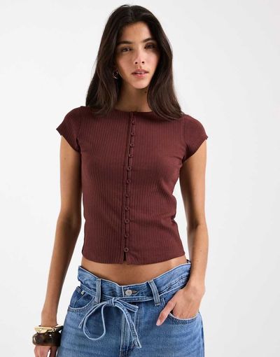 ASOS DESIGN ASOS DESIGN compact rib button through short sleeve cardigan in fig-Multi