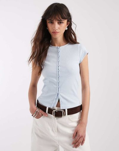 ASOS DESIGN ASOS DESIGN compact rib button up short sleeve cardigan in light blue-Multi